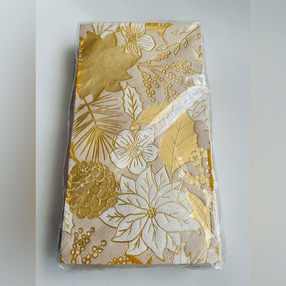 New Punch Studio Guest Towels Napkins Gold Foil White Flowers Leaves 8" x 4 3/8"
